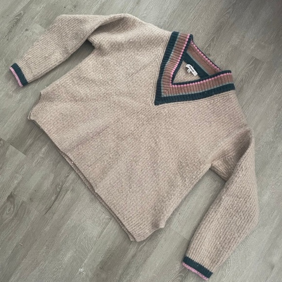 Madewell Sweater Size Large Womens Beige Wool Blend Tipped Forest V Neck Knit - Picture 3 of 4